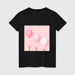 Футболка хлопковая женская Розовые шарики, цвет: черный