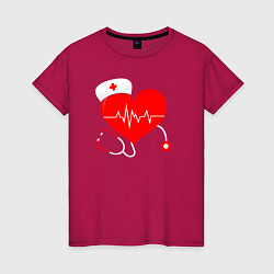 Футболка хлопковая женская Сердце и фонендоскоп, цвет: маджента