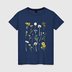 Футболка хлопковая женская Акварельная иллюстрация полевых цветов, цвет: тёмно-синий
