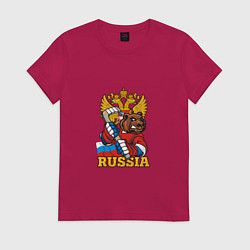 Футболка хлопковая женская Хоккей - Russia, цвет: маджента