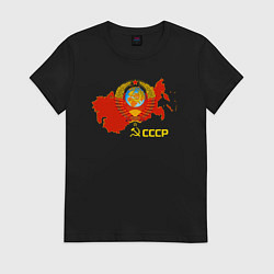 Футболка хлопковая женская Герб Карта СССР, цвет: черный