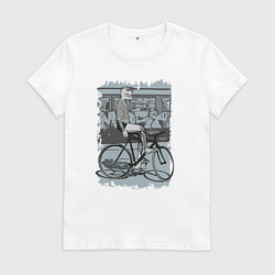 Футболка хлопковая женская Байкер кошка на велосипеде, цвет: белый