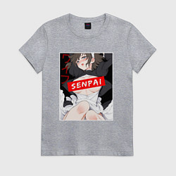 Футболка хлопковая женская Девушка и надпись Senpai Ahegao, цвет: меланж