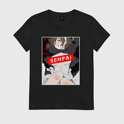 Футболка хлопковая женская Девушка и надпись Senpai Ahegao, цвет: черный