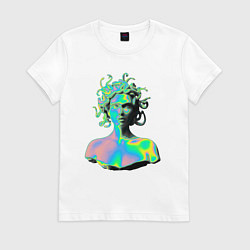 Футболка хлопковая женская Gorgon Medusa Vaporwave Neon, цвет: белый