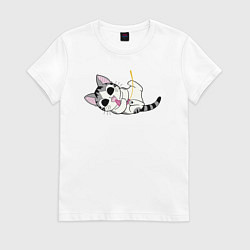 Футболка хлопковая женская Котейка играет, цвет: белый