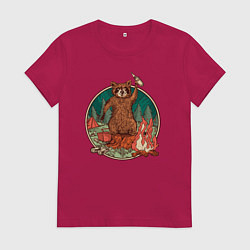 Футболка хлопковая женская Винтажный енот на отдыхе Camping Raccoon, цвет: маджента