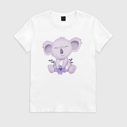Футболка хлопковая женская Милая Коала Сидит С Цветком, цвет: белый