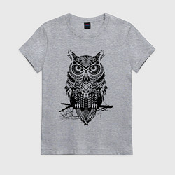 Футболка хлопковая женская Черная сова в узорах, цвет: меланж