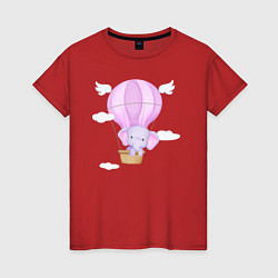 Футболка хлопковая женская Милый Слонёнок Летит На Воздушном Шаре Среди Облак, цвет: красный