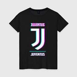 Футболка хлопковая женская Juventus FC в стиле Glitch, цвет: черный