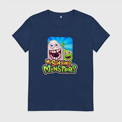 Футболка хлопковая женская My singing monsters мамунт и зерномех, цвет: тёмно-синий
