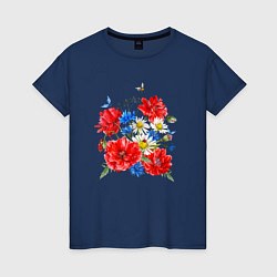 Футболка хлопковая женская Летний букет мак василек ромашка цветы лето, цвет: тёмно-синий