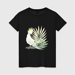 Футболка хлопковая женская Белый попугай с хохолком на фоне листьев пальмы, цвет: черный