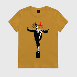 Футболка хлопковая женская Кунг-фу монах в стойке на бревне, цвет: горчичный