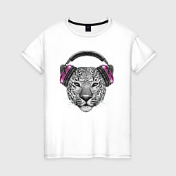 Футболка хлопковая женская Леопард в наушниках - меломан, цвет: белый