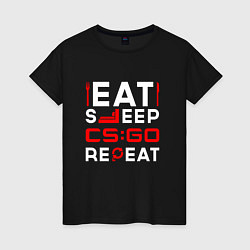 Футболка хлопковая женская Надпись eat sleep Counter Strike repeat, цвет: черный