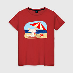 Футболка хлопковая женская Кошечка на пляже с мороженым, цвет: красный