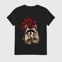 Футболка хлопковая женская Поцелуйчик енота с сердечками, цвет: черный