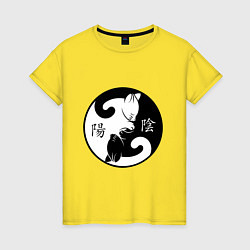 Футболка хлопковая женская Инь-Янь коты с иероглифами, цвет: желтый