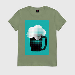 Футболка хлопковая женская Кружка пива, строгий стиль с polka dots, цвет: авокадо