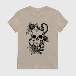 Футболка хлопковая женская Калавера - мексиканский символ Дня мертвых, цвет: миндальный