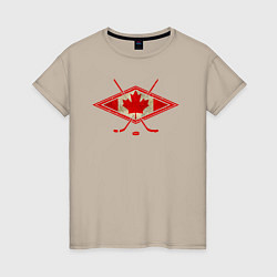 Футболка хлопковая женская Флаг Канады хоккей, цвет: миндальный