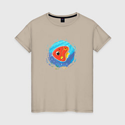 Футболка хлопковая женская Мультяшная красная морская рыбка, цвет: миндальный