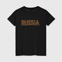 Футболка хлопковая женская Russia в хохломе, цвет: черный