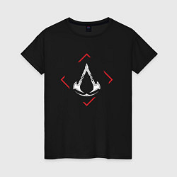 Футболка хлопковая женская Символ Assassins Creed в красном ромбе, цвет: черный