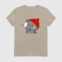 Футболка хлопковая женская Игра в снежки - серый котик, цвет: миндальный