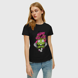 Футболка хлопковая женская Green rabbit Happy new year, цвет: черный — фото 2