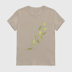 Футболка хлопковая женская Тропические листья разлетаются, цвет: миндальный
