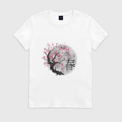Футболка хлопковая женская Японская сакура рисунок карандашом, цвет: белый