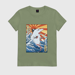 Футболка хлопковая женская Гравюра японский опоссум в стиле укиё-э, цвет: авокадо