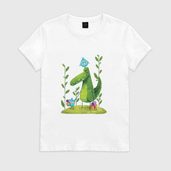 Футболка хлопковая женская Крокодил и птички, цвет: белый