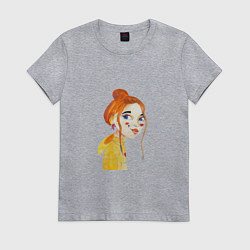 Футболка хлопковая женская Девочка с рыжими волосами в желтой кофте, цвет: меланж