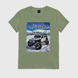 Футболка хлопковая женская Chrysler Jeep Wrangler в зимних горах, цвет: авокадо