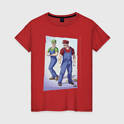 Футболка хлопковая женская Марио и Луиджи - крутые чуваки - стилизация, цвет: красный