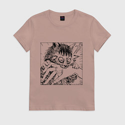 Футболка хлопковая женская Crazy cat - кот кусает руку, цвет: пыльно-розовый