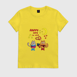Футболка хлопковая женская Влюбленные коты с подарками, цвет: желтый
