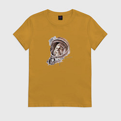 Футболка хлопковая женская Юрий Гагарин с автографом, цвет: горчичный