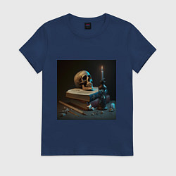 Футболка хлопковая женская Уроки вечности - череп на книгах, цвет: тёмно-синий