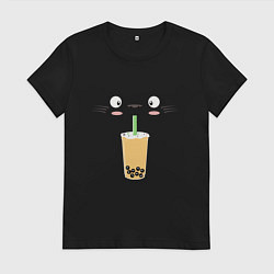 Футболка хлопковая женская Тоторо с напитком, цвет: черный