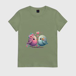 Футболка хлопковая женская Влюбленные птички арт, цвет: авокадо