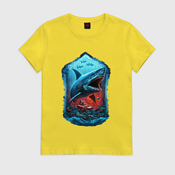 Футболка хлопковая женская Огромная акула Мегалодон, цвет: желтый