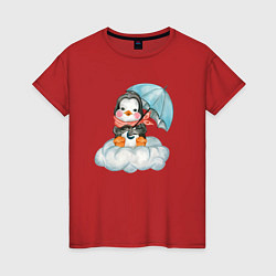 Футболка хлопковая женская Пингвин на облаке с зонтом, цвет: красный