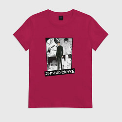Футболка хлопковая женская Ринтаро Окабе на фоне манги, цвет: маджента