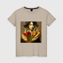 Женская футболка Девушка с цветами в стиле экспрессионизм, дизайн 1