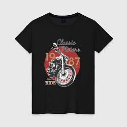 Футболка хлопковая женская Мотоцикл Ретро принт 1, цвет: черный